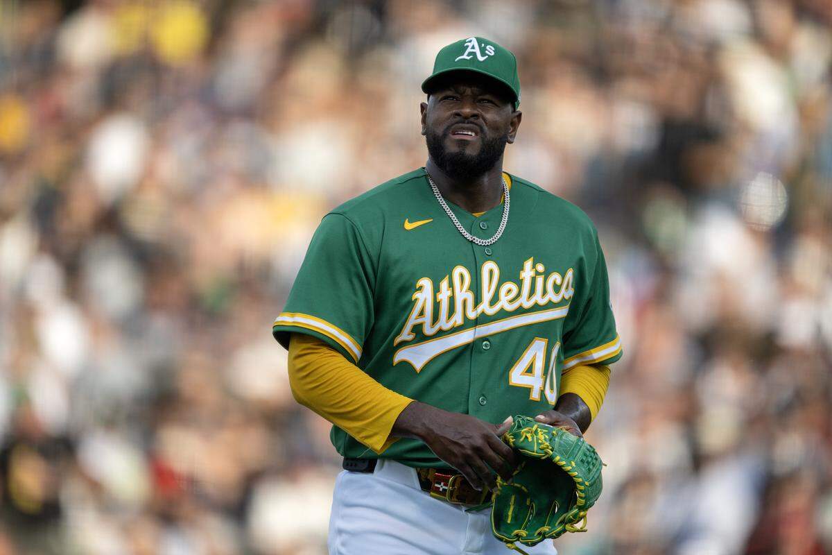 Athletics pitcher Luis Severino (40) walks off the mound after giving up four runs in the first inning against the New York Yankees on Friday, May 29, 2026, at Sutter Health Park in West Sacramento. Severino did not come out to pitch the second inning.