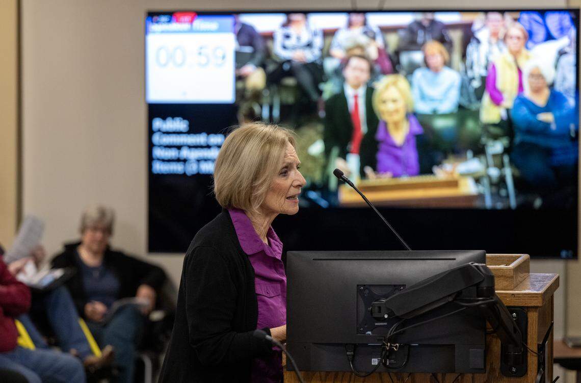 Linda Youngmayr speaks at the Lincoln City Council meeting on Tuesday to call for censure of Councilmember Holly Andreatta over of her comments at the inaugural meeting of Club America at the Twelve Bridges High School. “It has stirred up issues that make students feel unsafe, make families feel unsafe,” she said. “And make many residents of Lincoln feel embarrassed or humiliated.”
