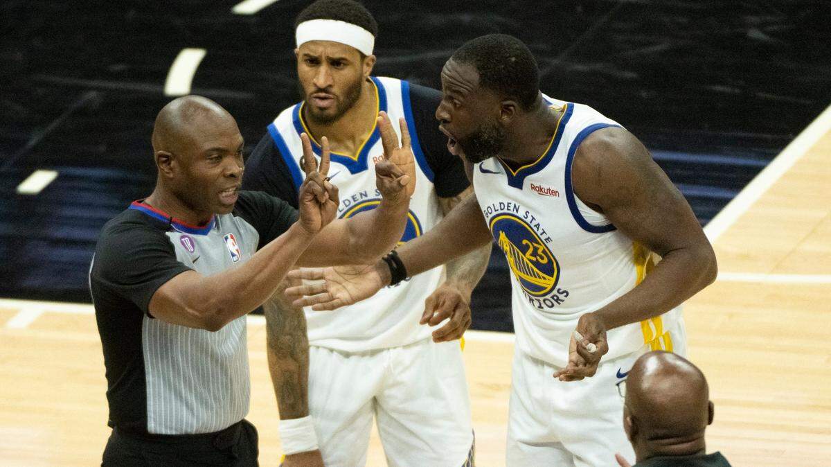 Golden State Warriors forward Draymond Green (23) argues with official after fouling Sacramento Kings center Domantas Sabonis (10) during Game 2 of the first-round NBA playoff series at Golden 1 Center on Monday, April 17, 2023.