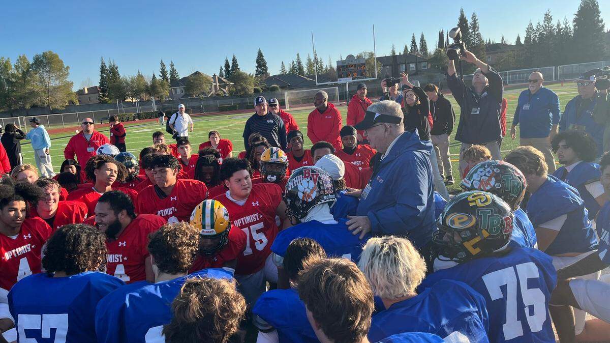 Optimist All-Star game director Max Miller addressed both teams after the North beat the South 35-7 on Saturday at Granite Bay High School, applauding their effort.