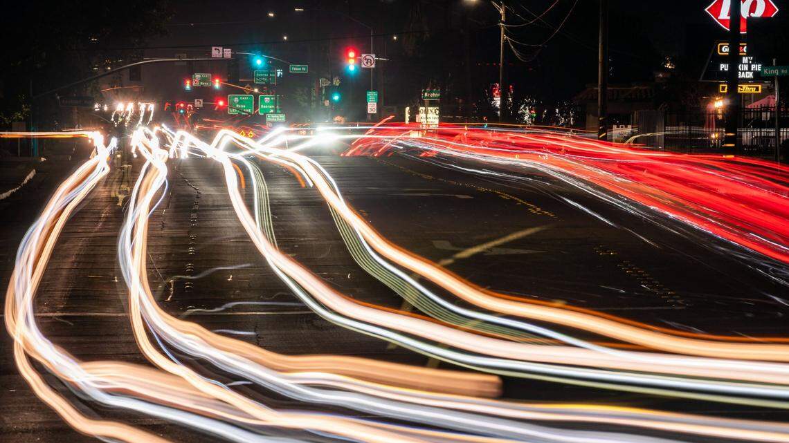 Traffic moves on Douglas Boulevard on Wednesday, Oct. 13, 2021, between Interstate 80 and downtown Roseville in a long-exposure photo looking east to Harding Boulevard from Royer Park.As part of the citys commercial corridors project, the area will get include pedestrian-friendly improvements and mixed-use development.