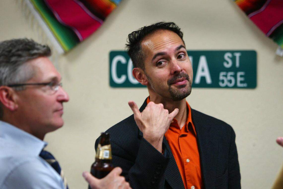 Christopher Cabaldon talks with supporters at his election victory party at Ay Jalisco restaurant in West Sacramento on Nov. 2, 2004. He is the first West Sacramento mayor to win in a direct election.