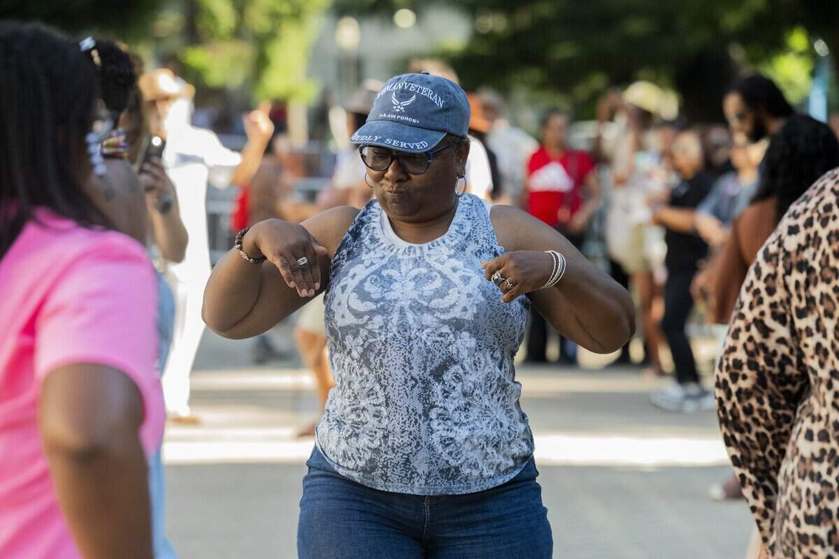 Stephanie Morse dances between performances during the Juneteenth celebration hosted by the California Legislative Black Caucus at the California Capitol on Wednesday, June 17, 2026.
