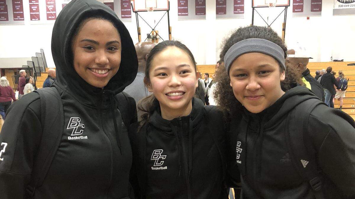 From left, Anaya Mejia, Lani Fall and Jordan Patterson-Reid finished the game short-handed for Bradshaw Christian, which beat Union Mine 66-58 in a CIF Northern California Division IV quarterfinal Saturday.