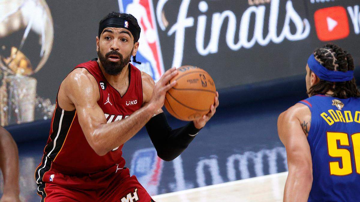 Miami Heat guard Gabe Vincent (2) controls the ball during the fourth quarter in Game 1 of the 2023 NBA Finals at Ball Arena on Thursday in Denver.