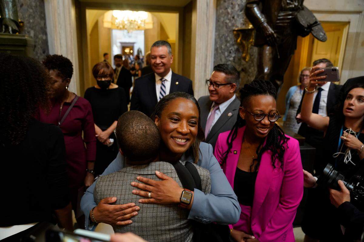 Laphonza Butler is greeted in Statuary Hall at the U.S. Capitol after being sworn in to the Senate last year. California Gov. Gavin Newsom appointed Butler, president of Emily’s List, to fill the vacant Senate seat left by Sen. Dianne Feinstein.