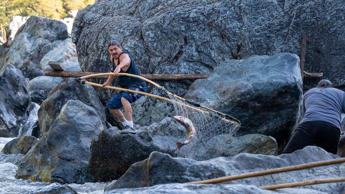 Ron Reed, of the Karuk Tribe, pulls a salmon out of the Klamath River while fishing with his traditional dip net at Ishi Pishi Falls in Siskiyou County in 2022. The tribe will receive $560,459 from the California Department of Housing and Community Development under an award announced Wednesday. 