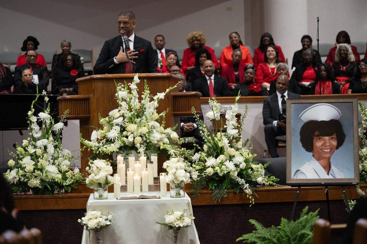 Kevin Johnson, the former mayor of Sacramento, speaks at the celebration of life memorial service for his mother Georgia West, the driving force behind Underground Books in Oak Park, at Saint Paul Church in Sacramento on Thursday, Jan. 23, 2024.