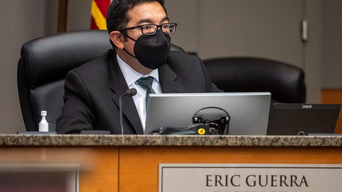 Sacramento Mayor Pro Tem Eric Guerra, representing Dist. 6, sits at the dais during the Sacramento City Council meeting at City Hall on Tuesday, Aug. 16, 2022, the first meeting open to public attendance since the beginning of the COVID-19 pandemic. Much of the meeting and public comment focused on the citys climate goals.