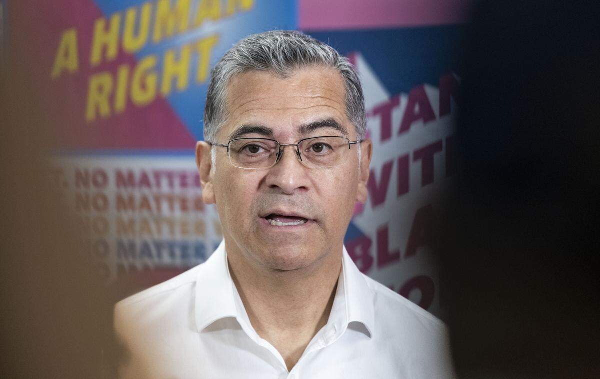 Gubernatorial candidate Xavier Becerra speaks with volunteers and supporters at the Planned Parenthood office in Sacramento on Monday, June 1, 2026. Becerra said that his team has not filed a lawsuit against opponent Tom Steyer for a campaign advertisement against him.