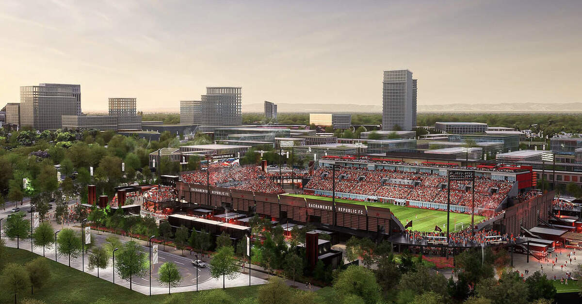 A rendering shows the Republic FC stadium in the Railyards north of downtown Sacramento.