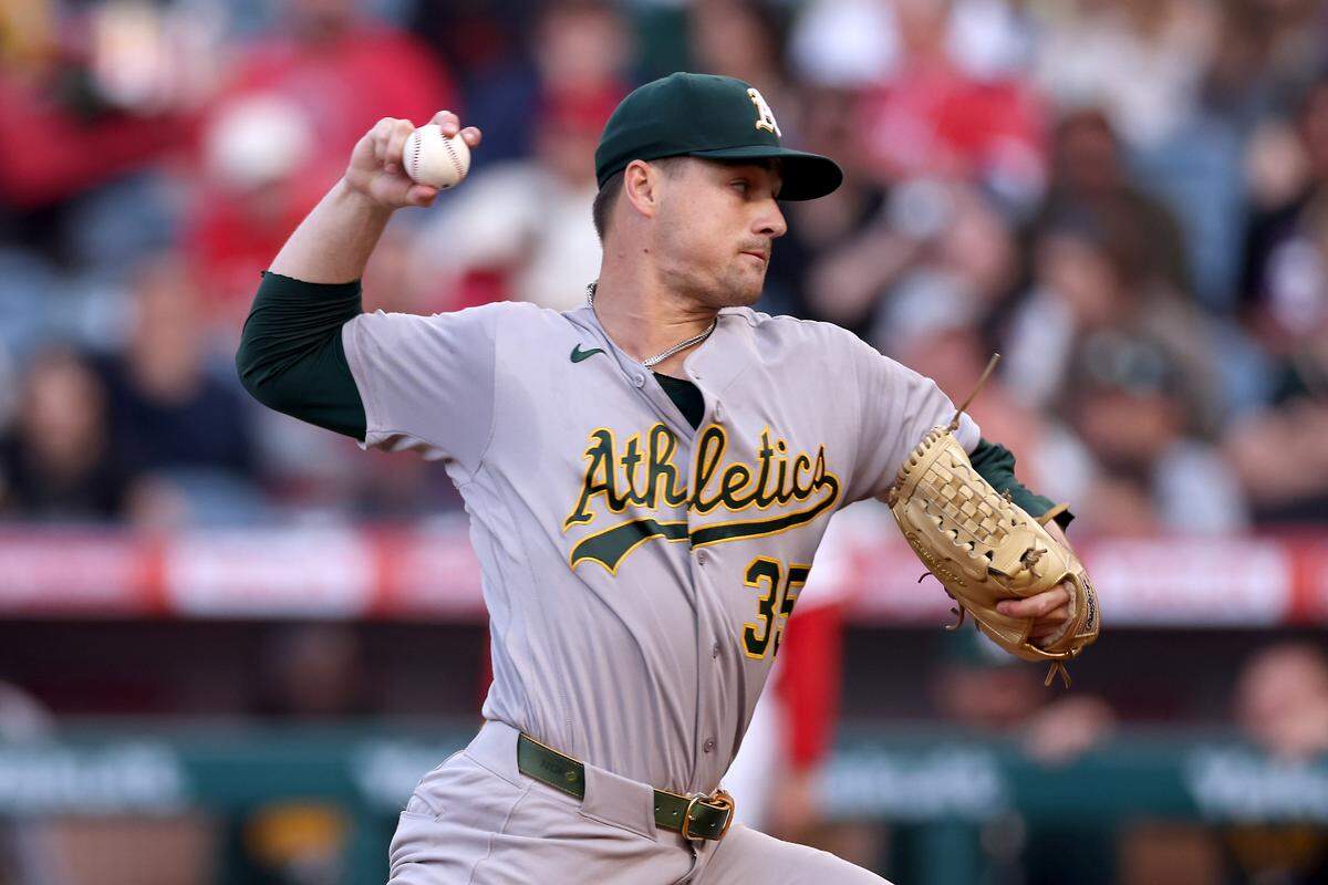 J.T. Ginn of the Athletics pitches during the first inning against the Los Angeles Angels at Angel Stadium of Anaheim on Monday in Anaheim. He carried a no-hitter into the ninth inning.