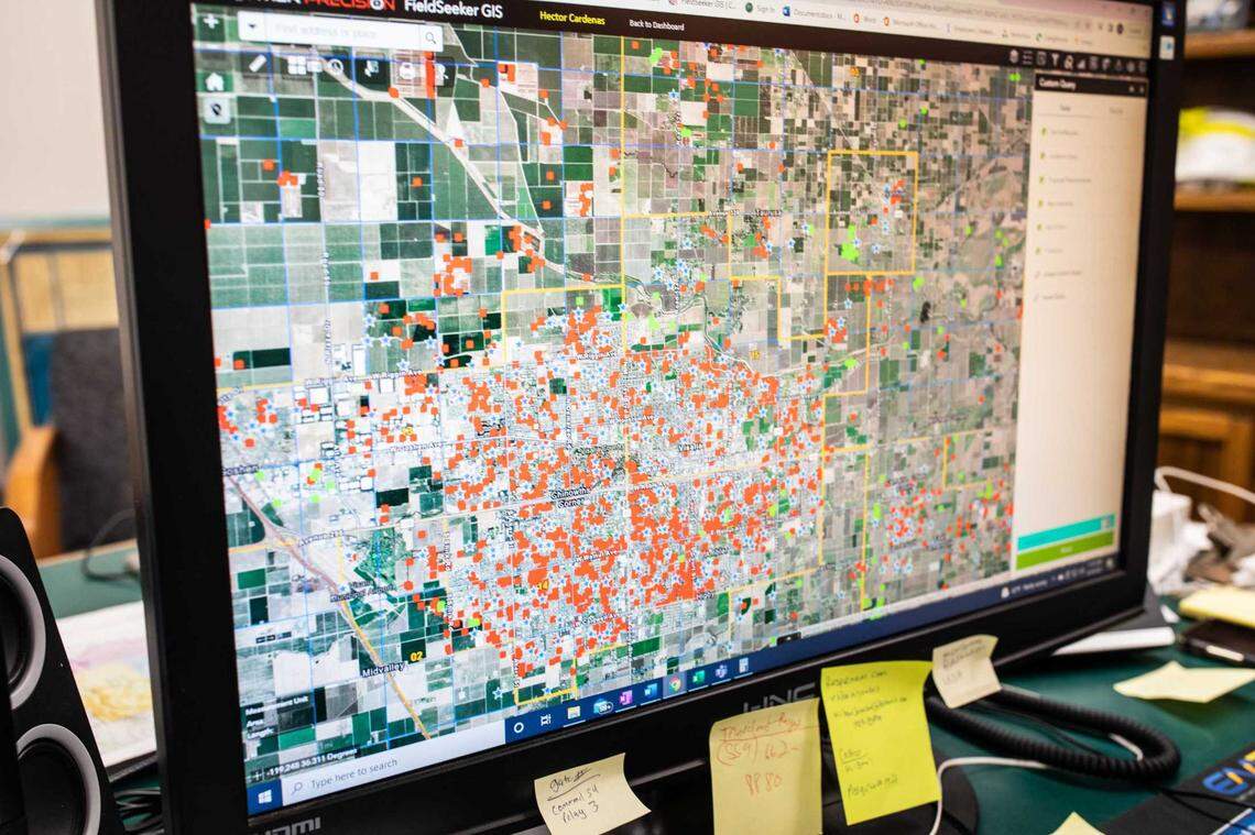 The Delta Mosquito and Vector Control District in Tulare County tracks locations where mosquitoes have been reported so technicians can respond and work to curb the populations by draining water sources and spraying pesticides.