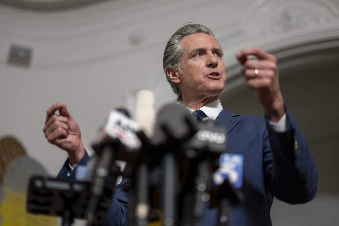 Gov. Gavin Newsom delivers remarks during a news conference on redistricting at the Governor's Mansion in downtown Sacramento on Friday. California legislative leaders met with Texas Democratic lawmakers about Republican plans to redistrict.