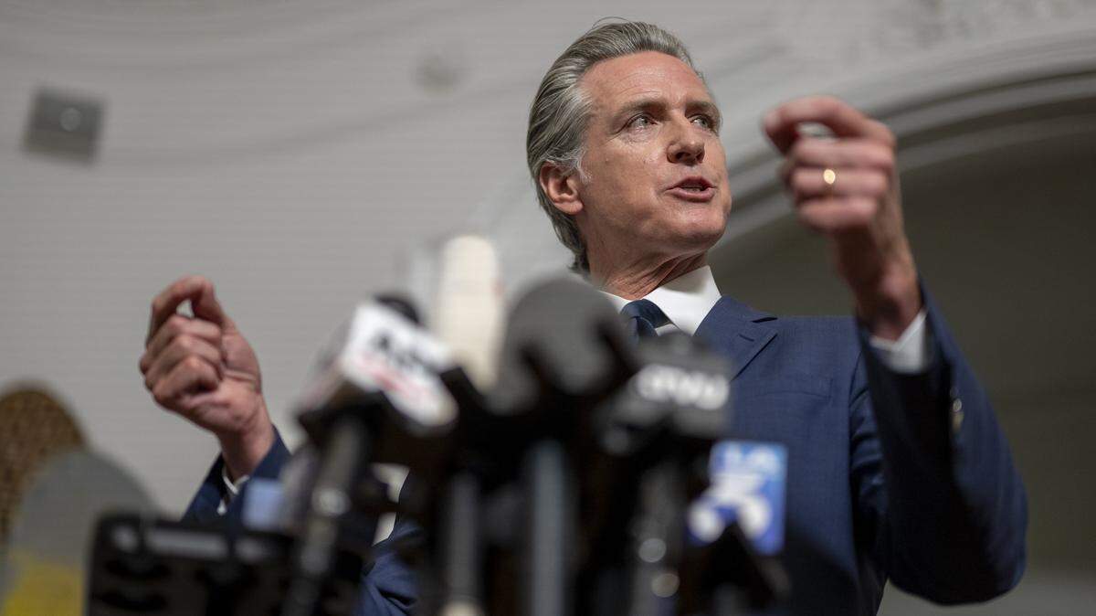 Gov. Gavin Newsom delivers remarks during a news conference on redistricting at the Governor's Mansion in downtown Sacramento on Friday, Aug. 8, 2025. Newsom is attending the COP30 climate conference in Brazil.