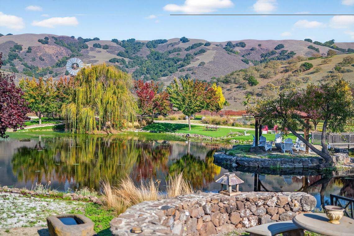 Shangri-La-Dee-Da in Gilroy, California, is “a private estate surrounded by open land, rolling hills, and private ponds,” the property description reads.