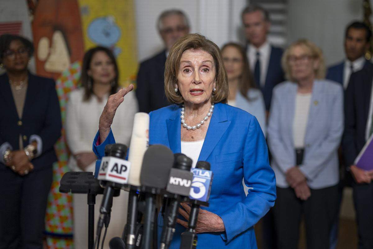 Speaker Emerita Rep. Nancy Pelosi, D-San Francisco, speaks during a news conference on redistricting at the Governor's Mansion in downtown Sacramento on Aug. 8, 2025. California legislative leaders met with Texas Democratic lawmakers about Republican plans to redistrict.