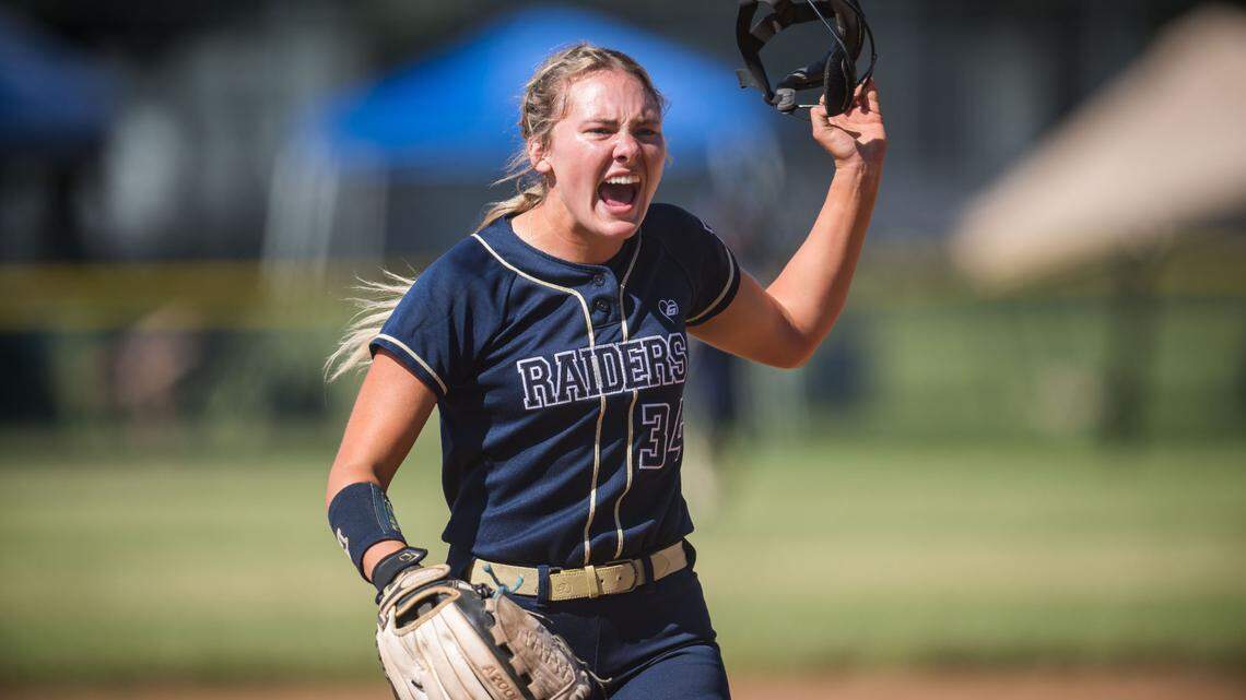 Central Catholic Raiders pitcher Randi Roelling (34) yells out after striking out a Ponderosa Bruins batter to end the first inning of the CIF Northern California Division III softball championship game Saturday, June 3, 2023, at Ponderosa High School in Shingle Springs. The Raiders beat the Bruins, 7-0, for the NorCal title.