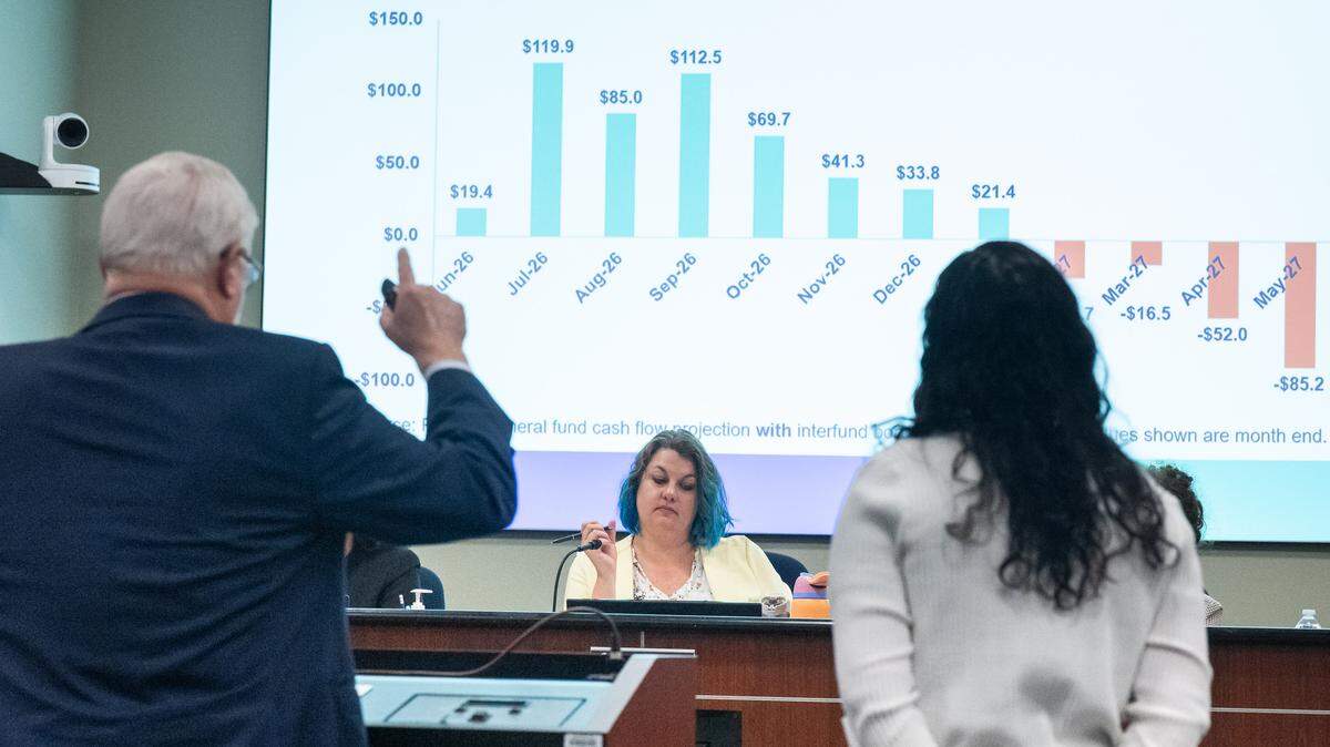 Sacramento City Unified Board President Tara Jeane, center, listens as Mike Fine, CEO of the Fiscal Crisis and Management Assistance Team, reviews the district’s financial situation during a meeting at the Serna Center on May 7. The state entity projects SCUSD will run out of money in February.