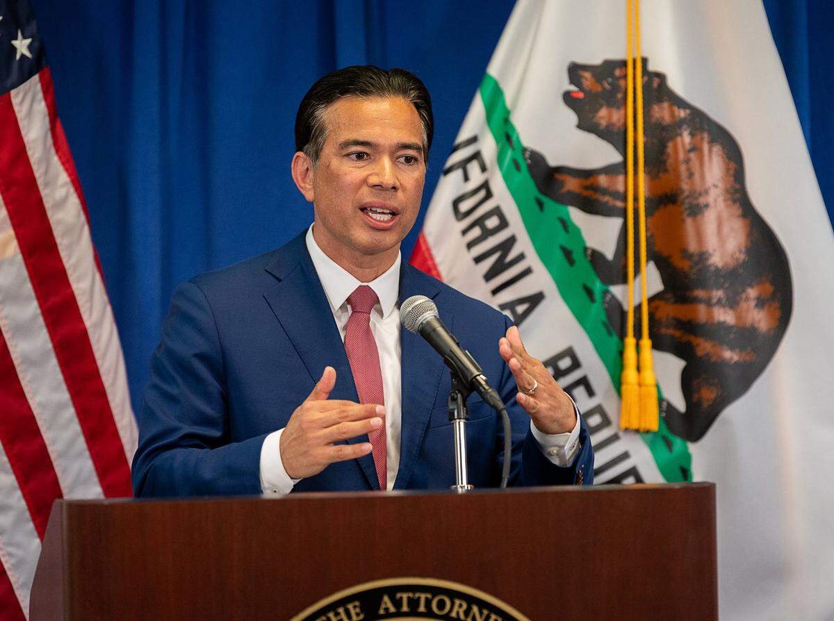 Rob Bonta speaks after he was sworn in as California Attorney General in April 2021 after being appointed by Gov. Gavin Newsom to replace Xavier Becerra. Bonta, a Democrat, leads the race in campaign fundraising and seems assured of advancing to the fall ballot with one of the two spots available.