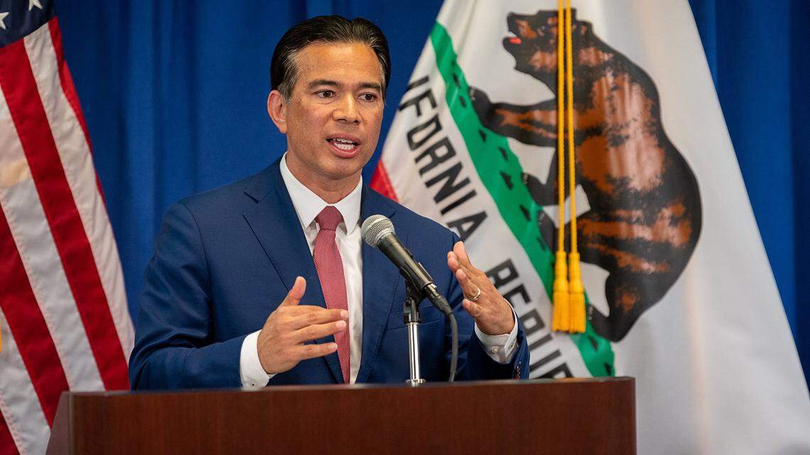 Attorney General Rob Bonta comments after being sworn in in April 2021. Bonta on Thursday announced his office is suing national anti-abortion group Heartbeat International as well as the RealOptions Obria Medical Clinics, alleging false advertising about medication abortion reversals.