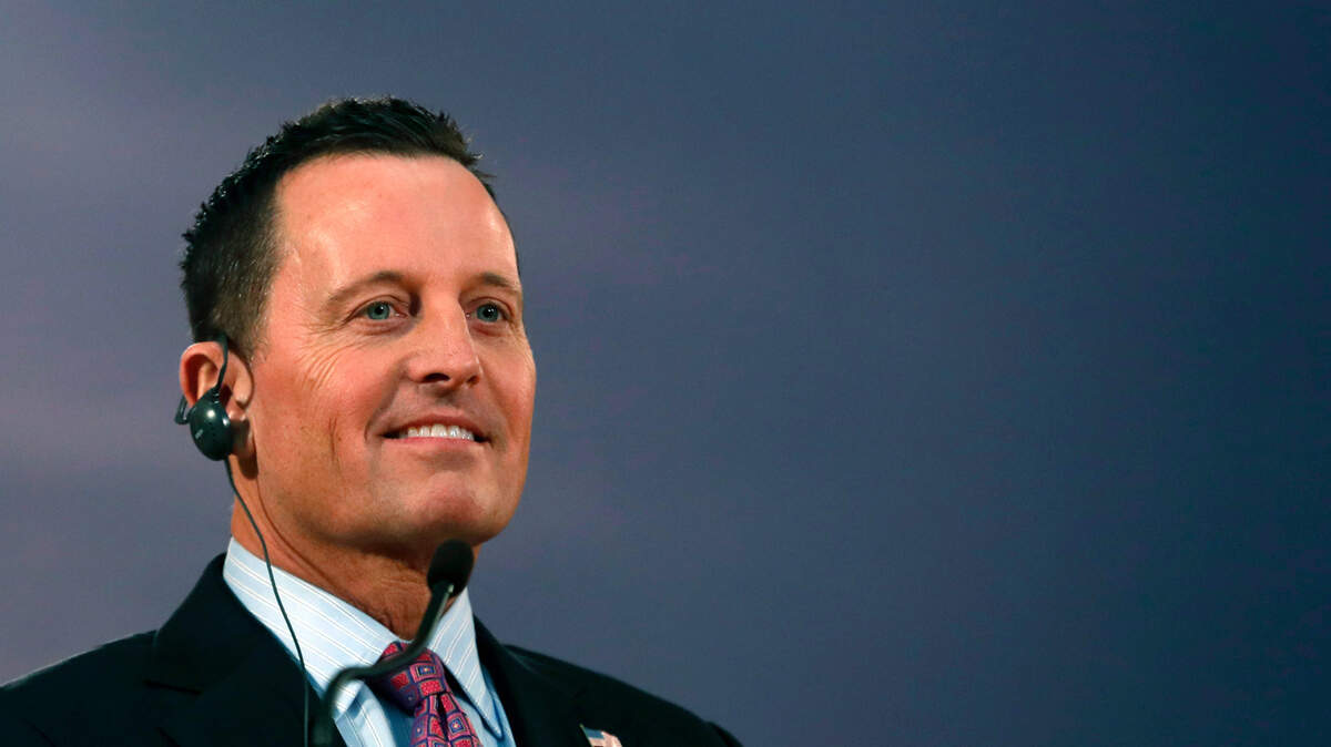 FILE- In this Friday, Jan. 24, 2020 file photo, U.S. President Donald Trump’s envoy for the Kosovo-Serbia dialogue, Ambassador Richard Grenell during a press conference after their meeting, in Belgrade, Serbia. Kosovo’s acting prime minister has on Monday, April 20 accused a United States envoy of being “directly involved” in toppling his government last month. He said Grenell is insisting on a final deal in talks between Kosovo and Serbia to score political points. (AP Photo/Darko Vojinovic, file)