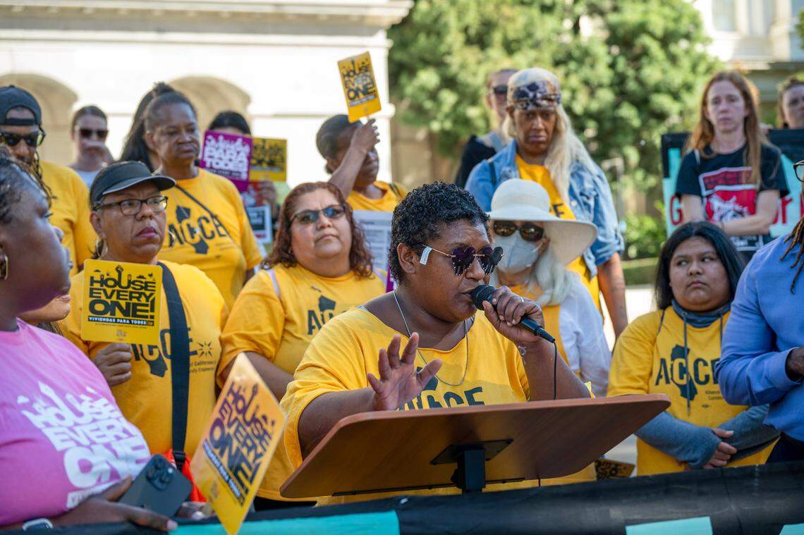 Satearah Murphy, a founding member of the Camp Resolution homeless encampment that was recently dismantled by the city of Sacramento, said she is still homeless during a rally at the state Capitol on Thursday. She was one of six arrested when the protest peacefully occupied the Capitol Swing Space later in the day in a bid to meet with Gov. Gavin Newsom.