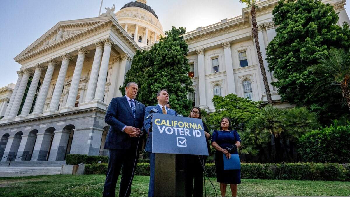 Assemblymember Carl DeMaio, R-San Diego, center, introduces a California Voter ID initiative with state Sen. Tony Strickland, R-Hungtington Beach, left, and Assembly members Heather Hadwick and Leticia Castillo on Wednesday, July 16, 2025.