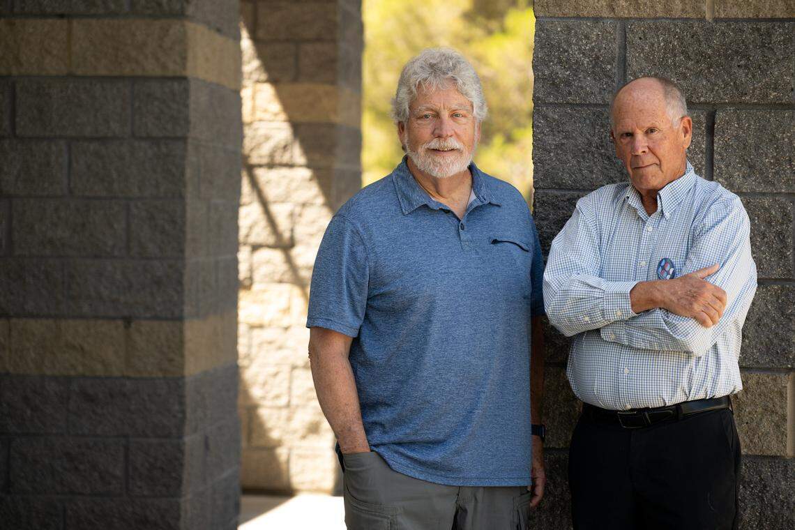 Greg Bergantz, left, and Joel Ellinwood, members of anti-Trump group Indivisible El Dorado, talk about their support for California redistricting proposal on Tuesday in Cameron Park. “The only way to even the score is to, at least temporarily, redistrict to create balance for the midterm election,” Ellinwood said.