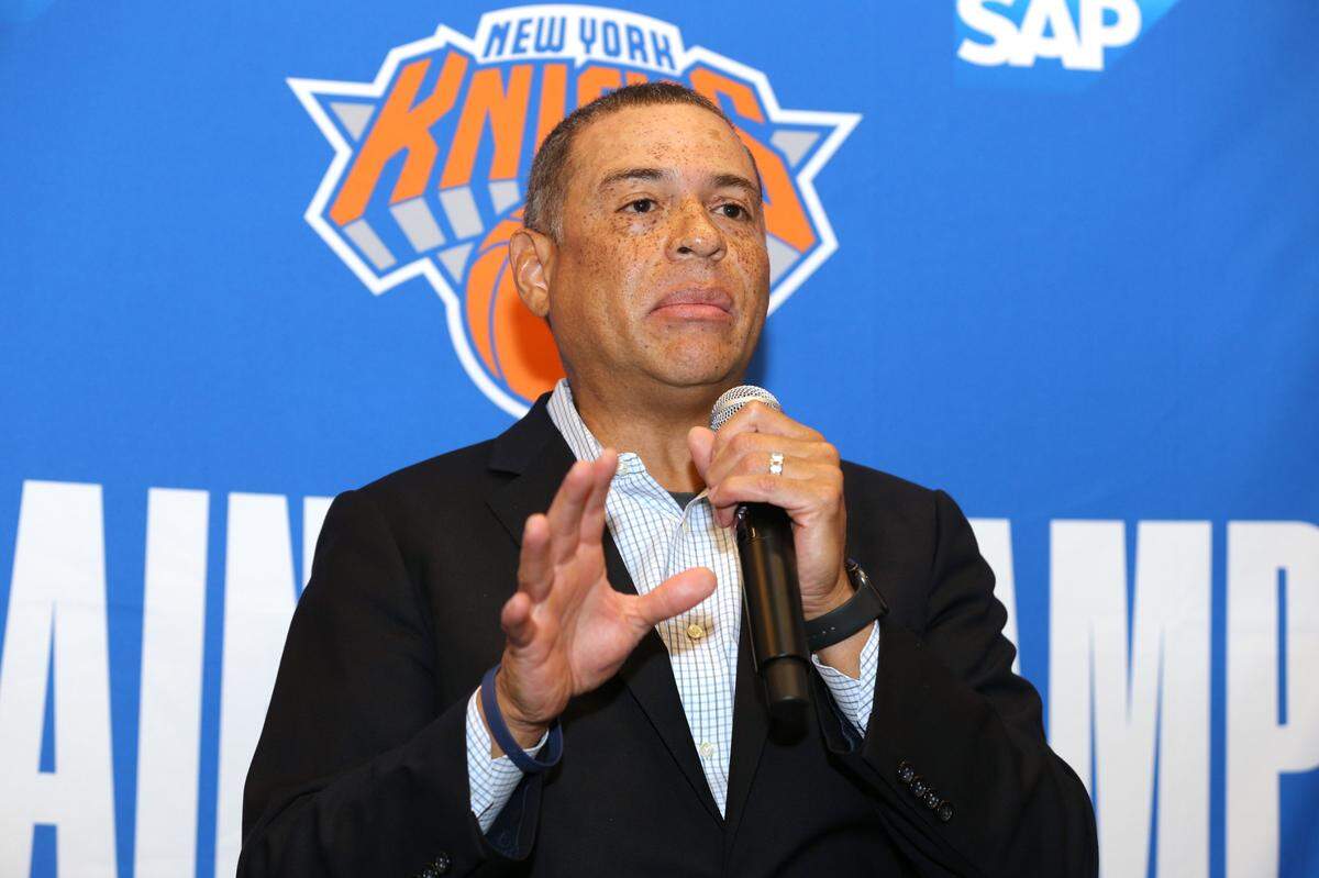 New York Knicks general manager Scott Perry speaks to the media during media day Sept. 30, 2019, at the MSG training center in Greenburgh, New York.