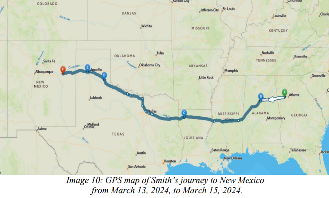 This image shows Smith’s drive from Georgia to New Mexico, according to prosecutors.