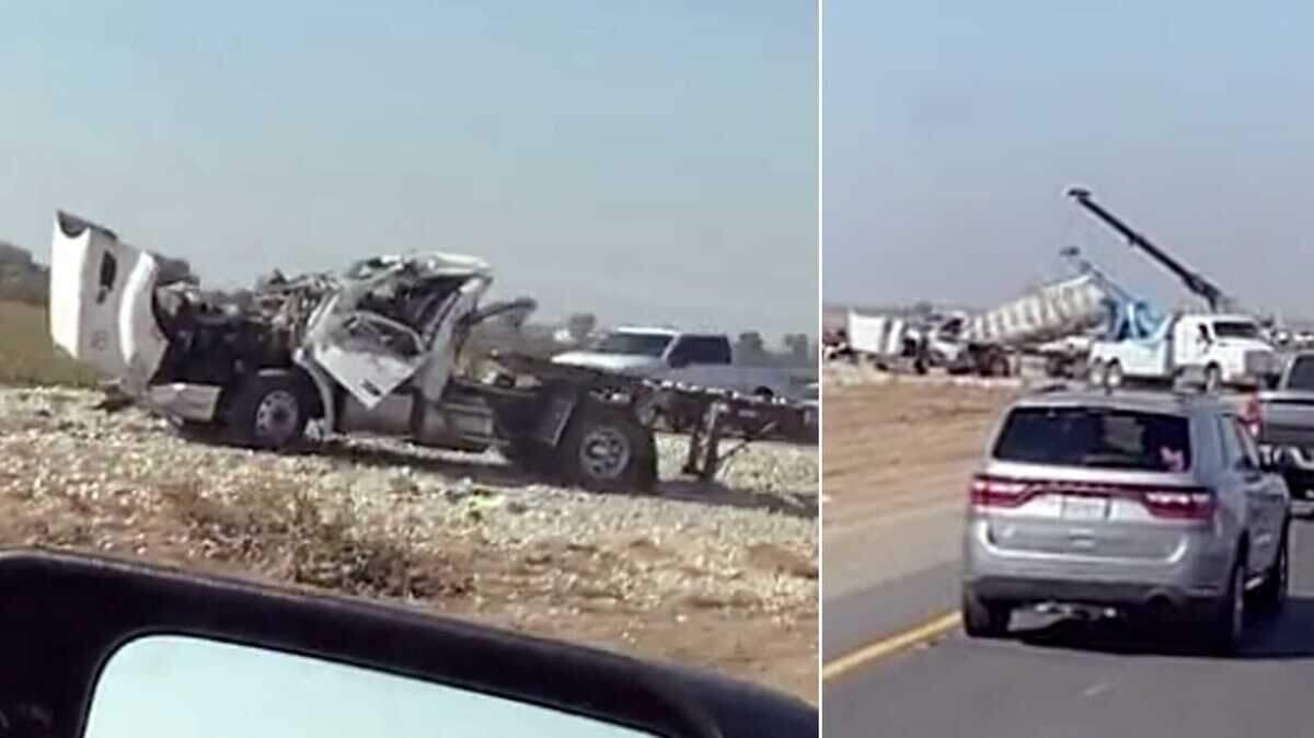 In images captured from publicly-posted social media videos, an overturned big rig is shown Saturday, Oct. 31, 2020 in the center median of Interstate 5 near Hood Franklin Road. The damaged truck clogged both sides of Interstate 5 in southern Sacramento County after rolling several times during a crash with a pickup truck. Two people were hospitalized.