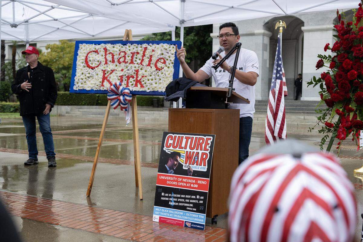 Assemblymember Josh Hoover, R-Folsom, speaks during a memorial event marking the birthday of conservative activist Charlie Kirk at the state Capitol on Tuesday.