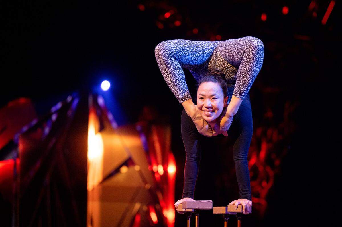 Hand Balancing contortion artist Oyun-Erdene Senge rehearses for the Cirque du Soleil production of Alegría at Sutter Health Park in West Sacramento, Wednesday on July 27, 2022.
