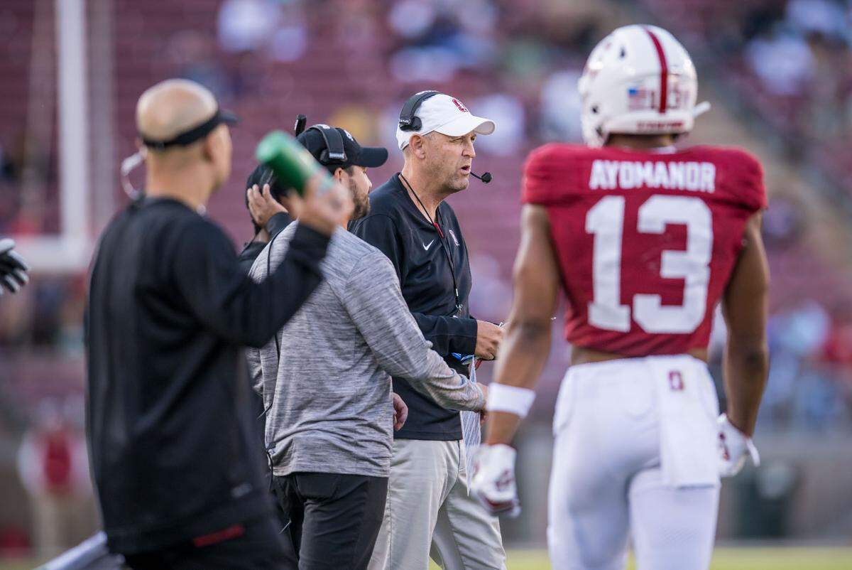 Stanford Cardinal head coach Troy Taylor talks to his team during the second quarter against his old team, the Sacramento State Hornets, at the NCAA college football game Saturday, Sept. 16, 2023, at Stanford University.