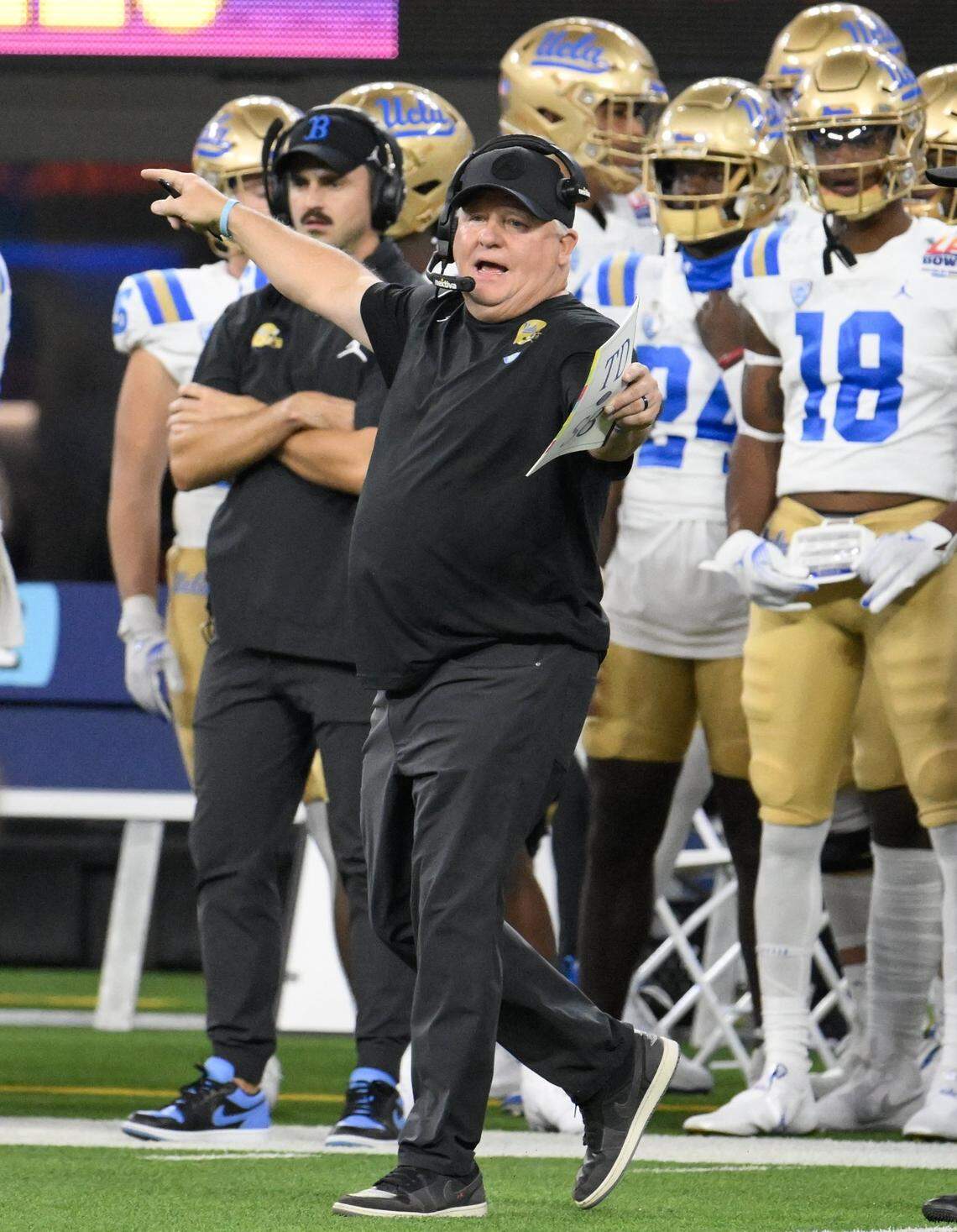 UCLA Bruins head coach Chip Kelly reacts during the game against the Boise State Broncos in the Starco Brands LA Bowl at SoFi Stadium in 2023.