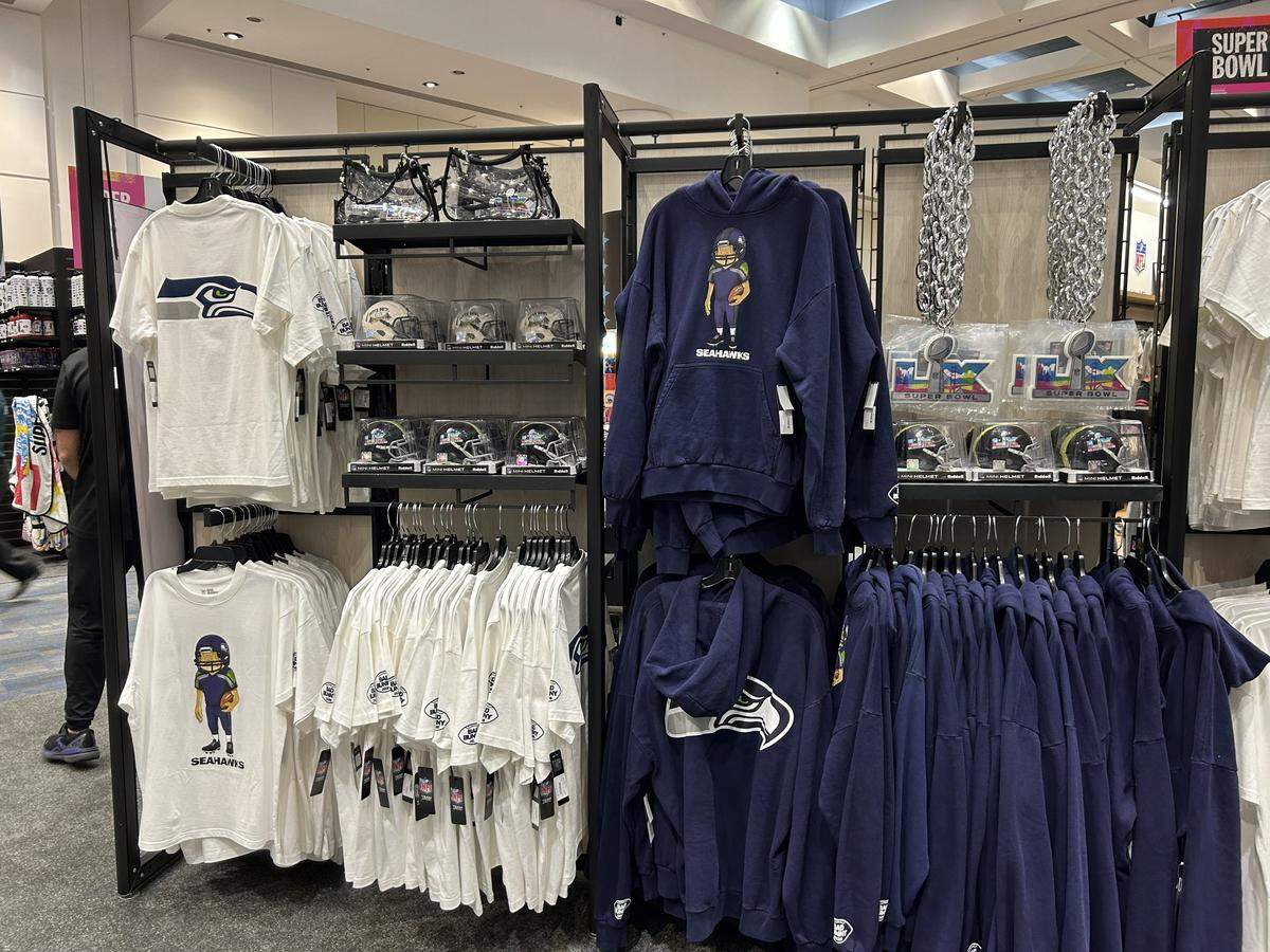 Standard team offerings for apparel were included with specialty logos. That included gear featuring the signature amphibian logo of Super Bowl halftime performer and six-time Grammy Award winner Bad Bunny — a coqui.