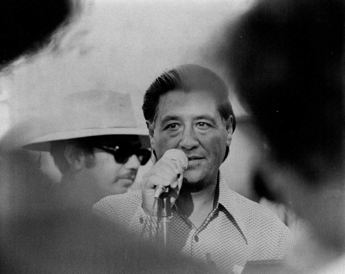 Labor leader Cesar Chavez speaks about a potential grape strike in Lodi on July 22, 1973.