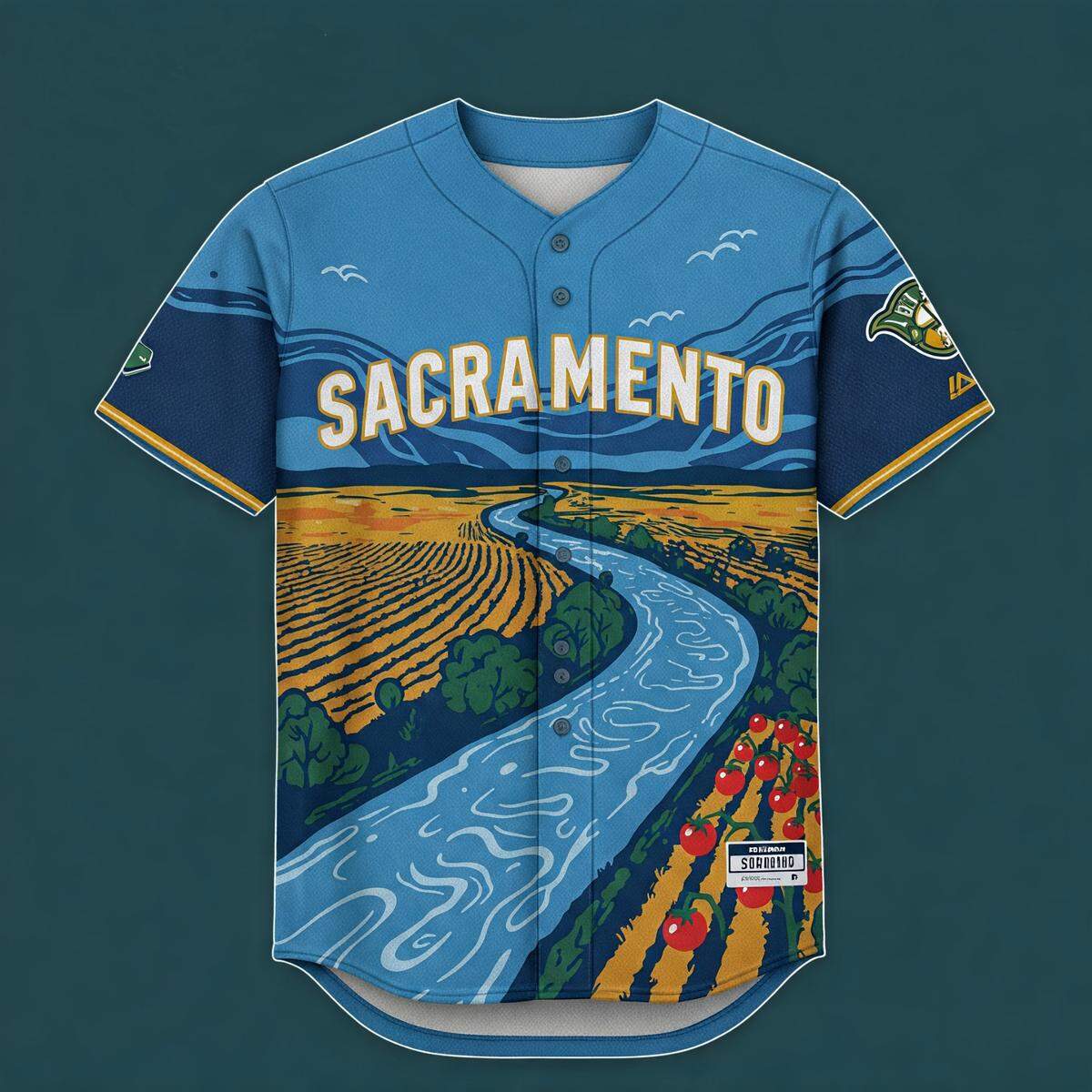 The A’s do not have a a City Connect uniform because the team is not officially connected to a city, even though it is current playing in West Sacramento. What would a uniform with a river theme look like? This is an AI-generated image.