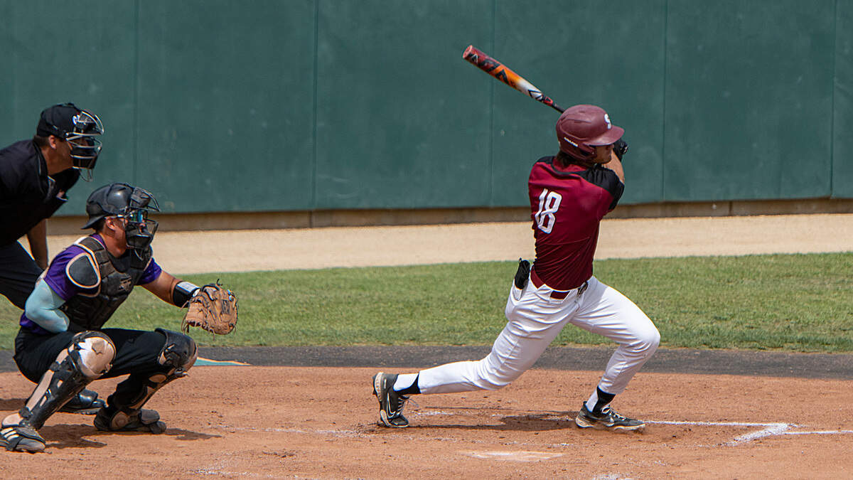 Sierra College outfielder Phoenix Casias (18) bats against Folsom Lake College in the California Community College Athletic Association state championship tournament on Sunday at Folsom Lake College.