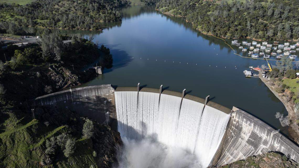Englebright Dam in operation on Tuesday, March 3, 2026, following the large pipe rupture at the New Colgate Powerhouse. Officials say the cleanup is going faster than expected and officials said they have not found any contaminants. 