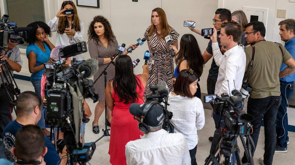 Sacramento County public information officer Kim Nava speaks to the media at Sacramento Executive Airport on Monday, June 5, 2023, about a group of 20 migrants - the second group since Friday - were flown to the airport earlier in the day. The migrants were transported to a religious facility in the area.