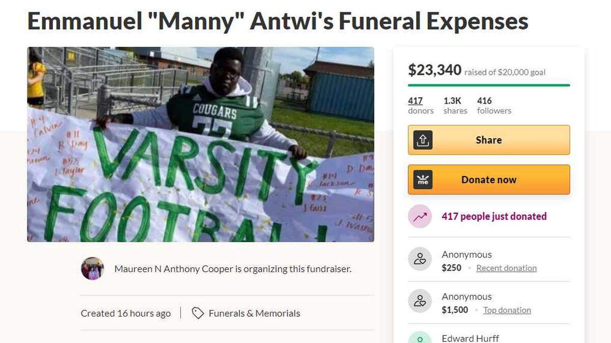 Emmanuel Antwi is seen in an undated photo in an image from the online fundraiser GoFundMe. Antwi, an 18-year-old Kennedy High School senior, died Friday night after collapsing on the sidelines of the team’s first football game of the season.