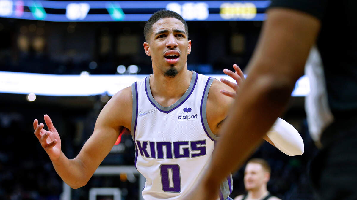 Sacramento Kings guard Tyrese Haliburton reacts after a call during the second half of the team’s NBA basketball game against the Milwaukee Bucks on Saturday, Jan. 22, 2022, in Milwaukee. The Bucks won 133-127. (AP Photo/Jon Durr)