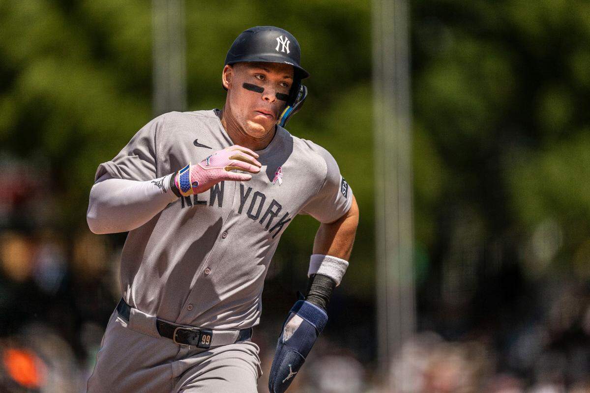New York Yankees outfielder Aaron Judge (99) turns on third base during a MLB game against the New York Yankees at Sutter Health Park on Sunday, April 11, 2025.