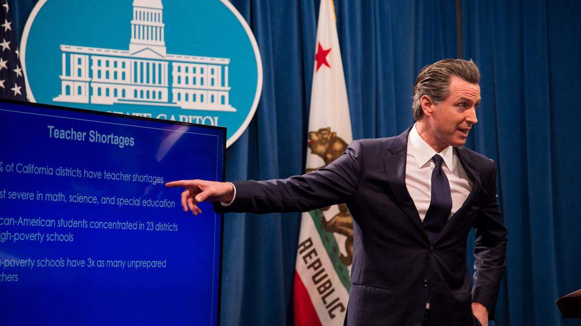 Gov. Gavin Newsom discusses education as he introduces his proposed state budget for fiscal year 2020-21, Friday, Jan. 10, 2020, in the Governors Press Conference Room at the California State Capitol in Sacramento.