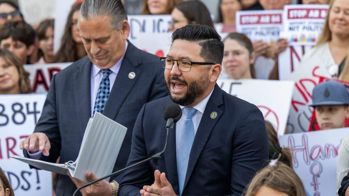 Assemblymember Josh Hoover, R-Folsom, speaks in opposition Assembly Bill 84, which seeks to place stricter auditing standards on charter schools, at the state Capitol on Wednesday, July 16, 2025. He leads the pack this June 2 primary election.