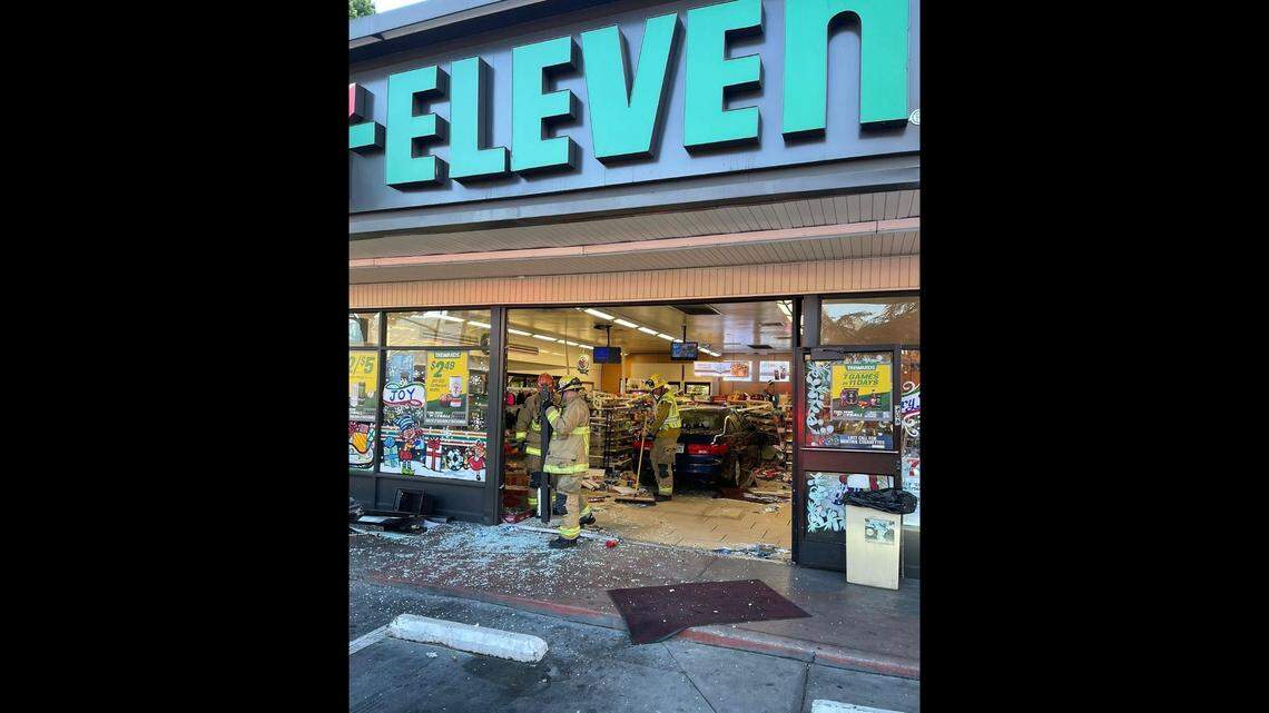 A man intentionally plowed his car into a 7-Eleven after throwing merchandise at employees, California police said. 