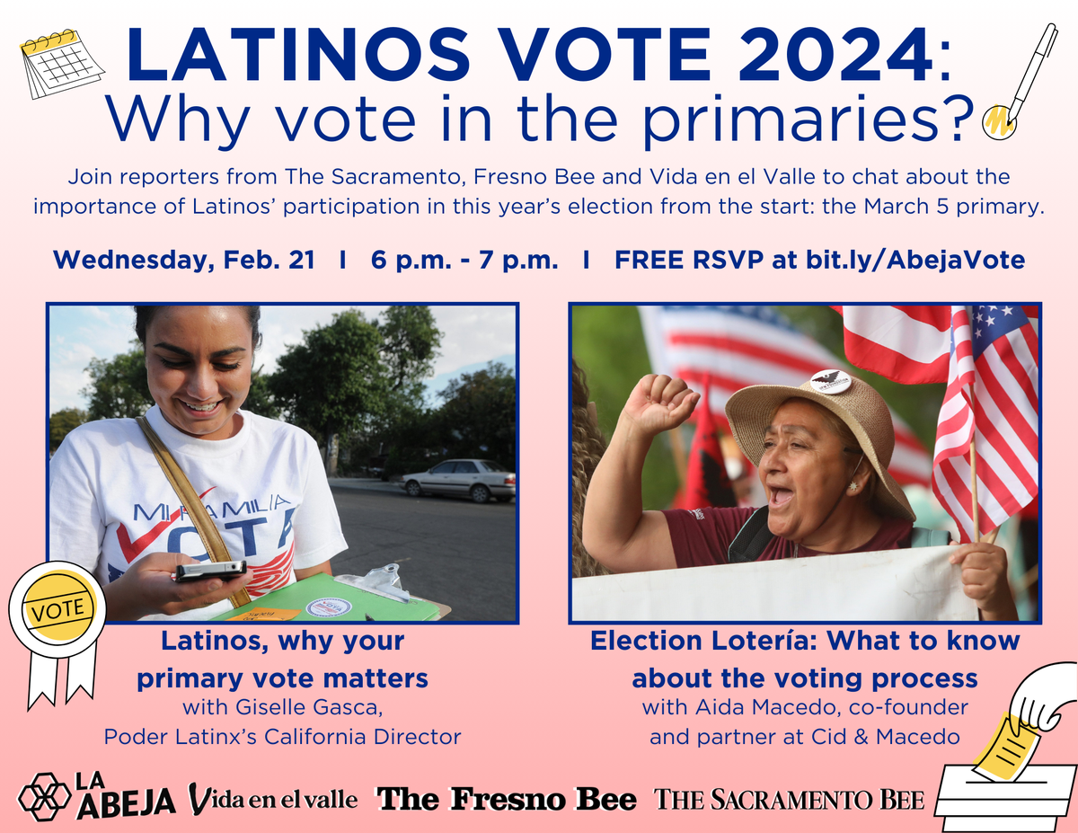 Únete a The Sacramento, Fresno Bee y Vida en el Valle para charlar sobre la importancia de la participación de los latinos en las elecciones primarias de este año.