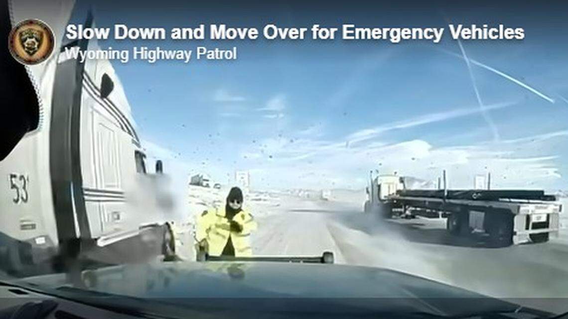 A Wyoming Highway Patrol trooper was almost hit by a semitruck after it veered off the road, officials said.